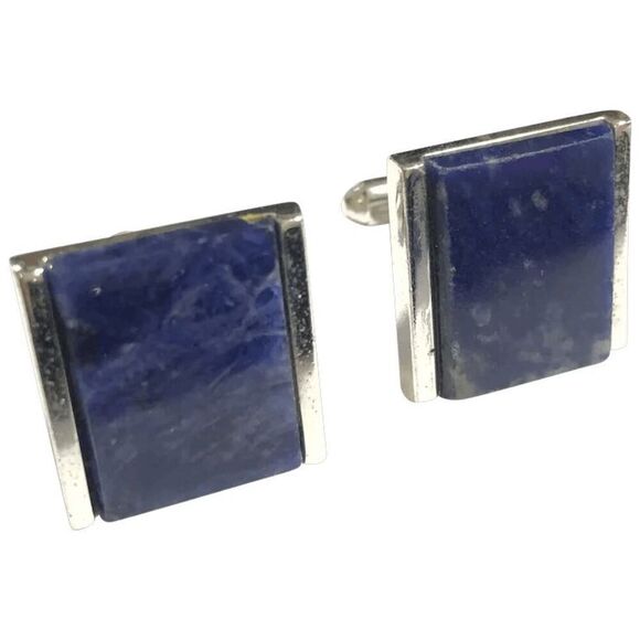 Vintage DANTE Modernist Silvertone & Blue Sodalite Stone Cufflinks - Picture 1 of 6